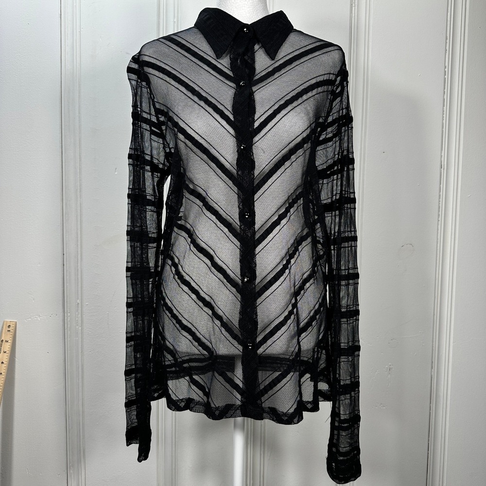 Vintage 90s Y2K Black Sheer Mesh Stripe Button Up Blouse Goth Dark Romantic Top